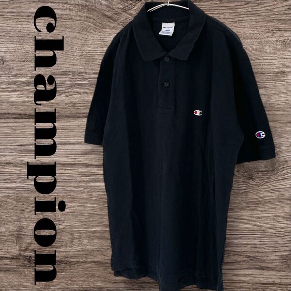 champion チャンピオン ポロシャツ トップス Tシャツ 半袖 ワンポイント メンズ L ブラック 黒 綿 コットン