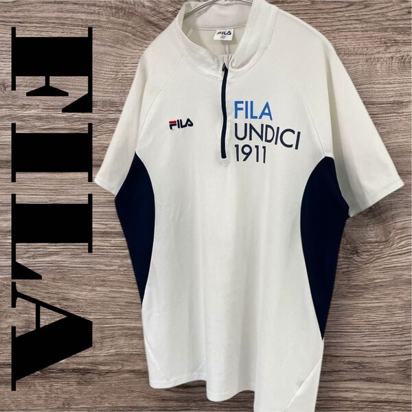 FILA フィラ Tシャツ トップス カットソー 半袖 ハーフジップ プリント ロゴ メンズ XL LL O ホワイト 白