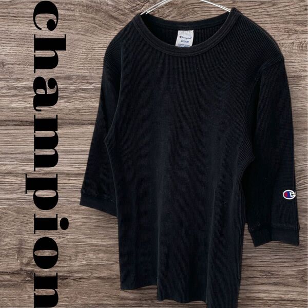 champion チャンピオン Tシャツ カットソー トップス 五分袖 ワッフル ワンポイント レディース M 黒 ブラック 綿