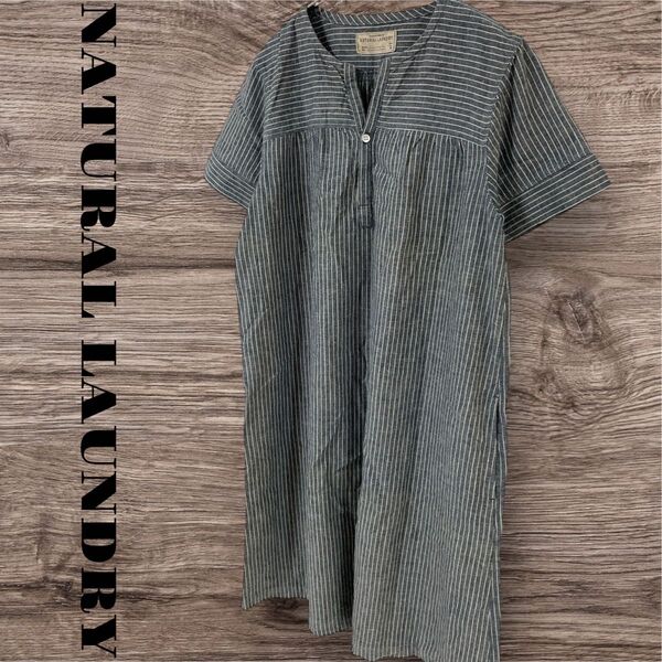 NATURALLAUNDRY チュニック ワンピース シャツ プルオーバー 長袖 ボーダー柄 ストライプ柄 レディース M 2 紺