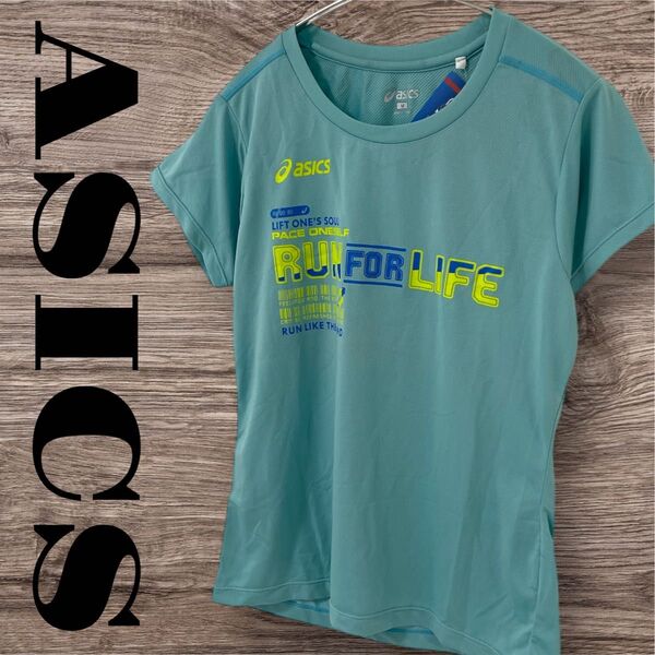 ASICS アシックス トップス Tシャツ 半袖 スポーツウェア プリント ロゴ レディース M ブルー タグ付き