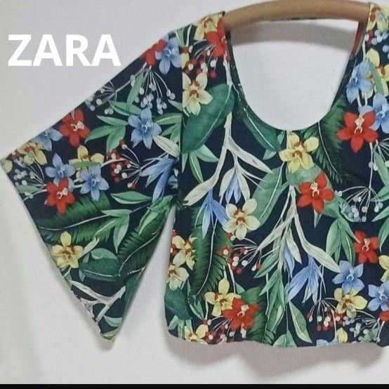 ZARA BASIC クロップド丈 花柄 トップス M パフスリーブ ザラ