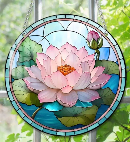 ロータス 蓮の花 ステンドグラス風 サンキャッチャー 壁掛け アクリル製 110