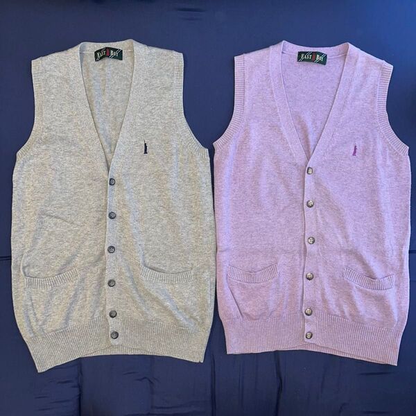 EAST BOY ベスト 9号 2点 グレー 紫 紺 ボタン ポケット付き 制服 セーター コットン パープル ニット Vネック