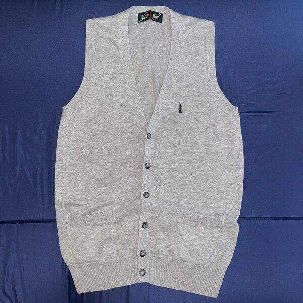 EAST BOY ベスト 9号 グレー 紺刺繍 ボタンダウン ポケット付き 制服 セーター コットン 前開き ニット Vネック