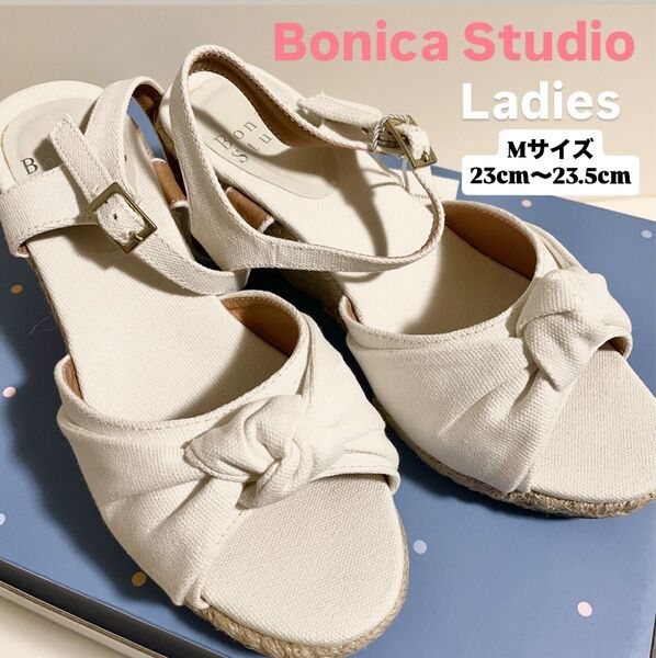 レディース ミュール ホワイト23cm 23.5cm Mサイズ サンダル リボン ストラップ BonicaStudio