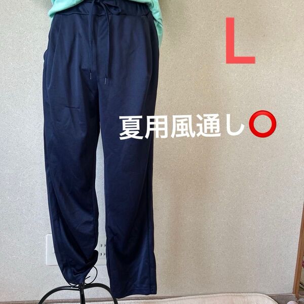 L タック入りネイビー パンツ 両サイドポケットあり 夏用 涼しい チュニックに合わせても良い