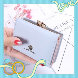 【値下げしました♪】ミニウォレット カードホルダー 小銭入れ付き PUレザー コンパクト ひよこデザイン 三つ折り財布 ブルー