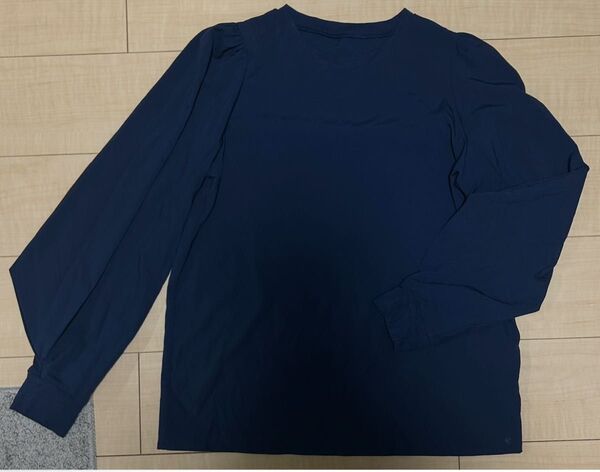 レディース トップス 長袖 ネイビー バルーンスリーブ ブラウス カットソー シンプル 通勤 オフィス ビジネス カジュアル