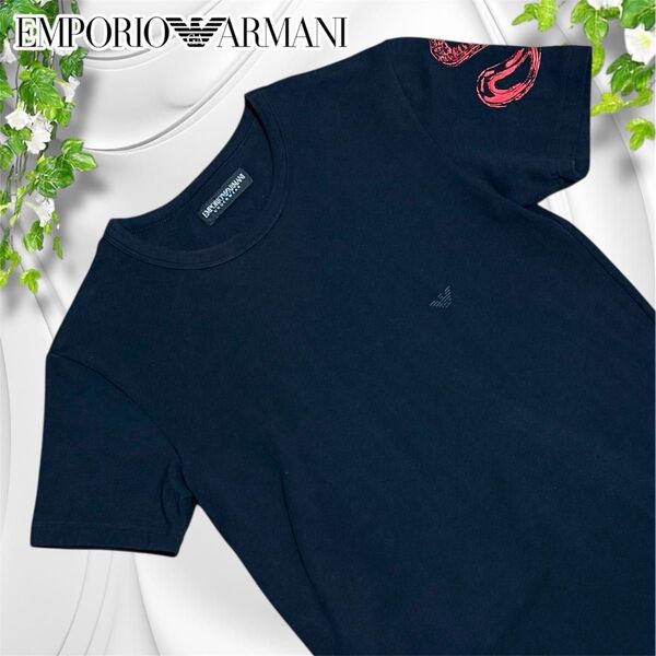 希少 アルマーニ EMPORIO ARMANI Tシャツ 漢字 ロゴ 蛇 黒