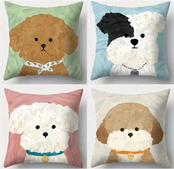 【クッションカバー】【4枚セット】かわいい子犬 イラスト癒し 萌え 両面プリント