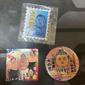 ファンクラブ限定ステッカー(5月場所)、切手風刺繍ワッペン、大相撲名古屋場所IGアリーナ限定缶バッジ 大の里