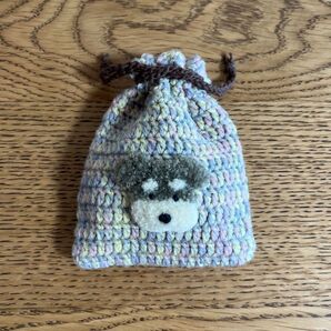 シュナウザー ミニ巾着袋 ハンドメイド 編み物ポーチ かぎ編み 愛犬 毛糸