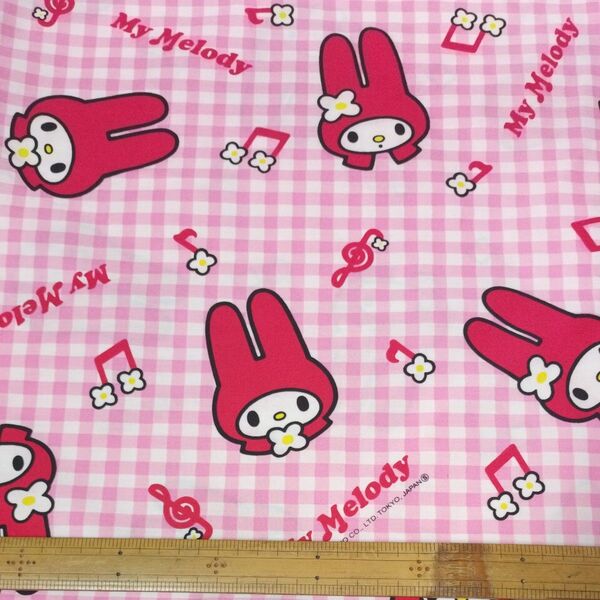 110×1m マイメロディ 1997 生地 ピンク ギンガムチェック B品 少々難あり 平成初期柄