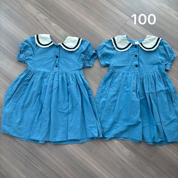 双子 100 ワンピース 水色 襟付き 女の子 キッズ