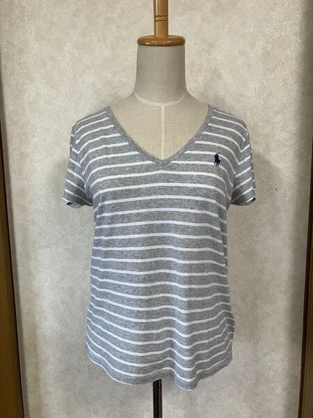 Ralph Lauren polo刺繍入りVネック半袖Tシャツグレーホワイトボーダー柄
