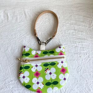 ハンドメイド ネコちゃん型ぺたんこポーチ☆シマエナガ・グリーン☆10センチファスナー ICカード入れ・キーケース