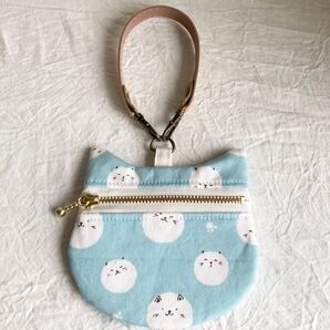 ハンドメイド ネコちゃん型ぺたんこポーチ☆まんまるネコ・ブルー☆10センチファスナー ICカード入れ・キーケース