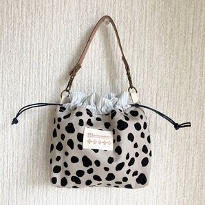 ハンドメイド 持ち手付き巾着ポーチ☆グレー・ダルメシアン