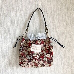 ハンドメイド 持ち手付き巾着ポーチ★茶系花柄