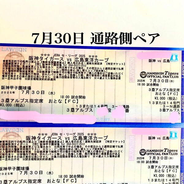 通路側 7月30日(水)阪神vs広島 3塁アルプス指定席 ペアチケット 7/30