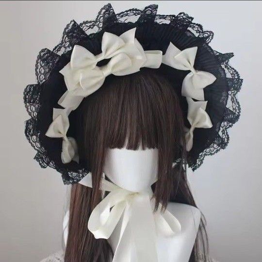 ヘッドドレス リボン 手作り ロリータ 稀少 ゴシック ボンネット 黒 白 撮影 撮影用 ロリィタ