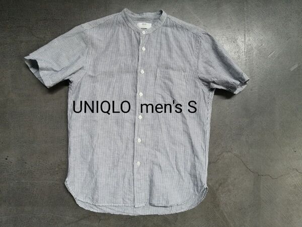 UNIQLO ユニクロ リネンコットンストライプスタンドカラーシャツ 半袖シャツ メンズS ブルー