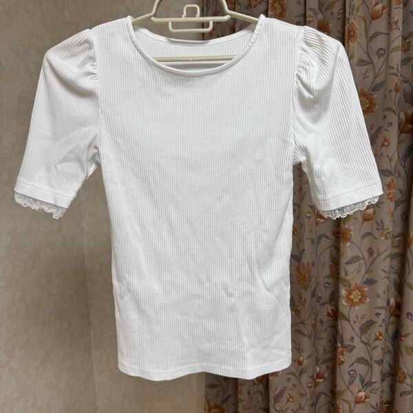 しまむら レディース カットソー クルーネック 丸首 トップス 半袖 Tシャツ 半袖Tシャツ 白 ホワイト レース付き Lサイズ