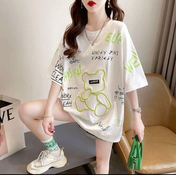 新品 半袖 Tシャツ クマ ロゴ ゆったりオーバーサイズ ユニセックス L 白 ホワイト ゆったり トップス 丸首