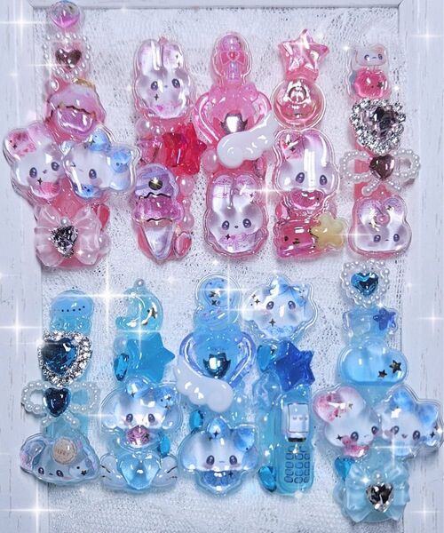 130 現品 ネイルチップ 青 ピンク 量産型 地雷系 ゆめかわ 魔法少女 平成女児 ゴテゴテ ロリータ ボンボンドロップシール
