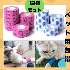 ペット用包帯 12本セット 可愛い 不織布 自着性テープ テーピング 犬 猫