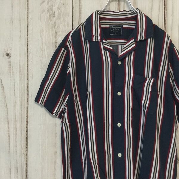 【アバクロ 半袖オープンカラーシャツ】マルチストライプ M マルチカラー Abercrombie 古着