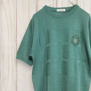 【麻混 半袖サマーニット】リネン 刺繍 日本製 セーター L 緑系 古着