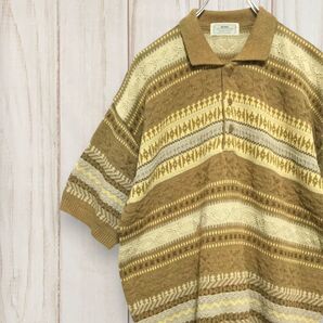 【ADAX ヴィンテージ ボーダー 半袖サマーニット】レトロ アダックス コットンニット セーター L 茶 VINTAGE 古着