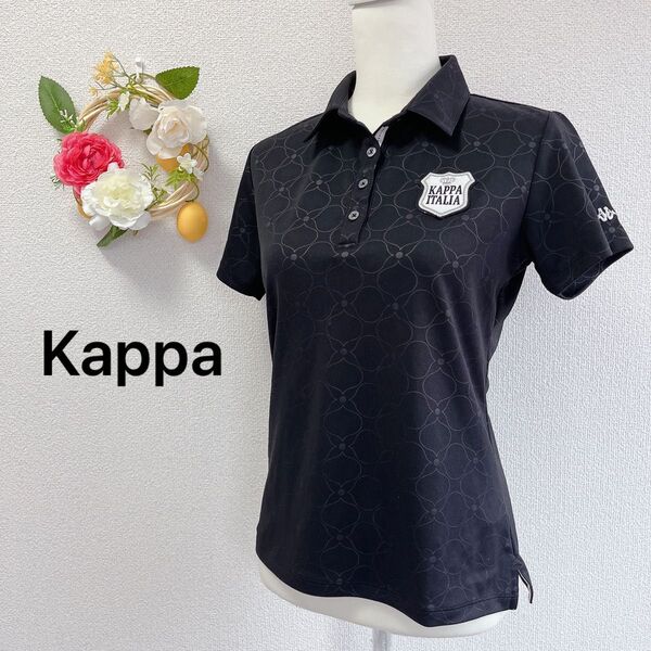 ☆美品☆ Kappa カッパ 半袖ポロシャツ ゴルフウェア 花柄 シャドー 大人女子 速乾生地 ドライ ブラック 黒 L