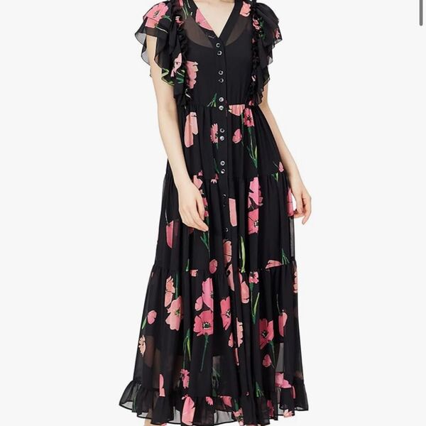 美品◆ダブルスタンダードクロージング パウダーシフォンポピー柄ワンピース