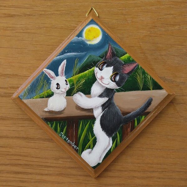 猫のミニパネル9月・十五夜4(一辺約10cm)インテリア雑貨 ハンドメイド 絵 猫雑貨 壁掛け飾り 黒白ハチワレ猫