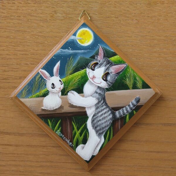 猫のミニパネル9月・十五夜6(一辺約10cm)インテリア雑貨 ハンドメイド 絵 猫雑貨 壁掛け飾り 銀白ハチワレ猫