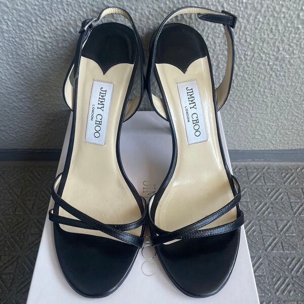 【美品】JIMMY CHOO ジミーチュウ サンダル ピンヒール 黒 38 パンプス 仕事用 秘書 パーティー レザー 革