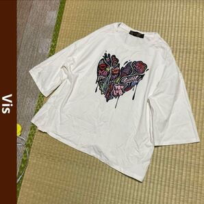 Vis プリントTシャツ トップス ホワイト 白 5分袖 七分袖 レディース 白 ホワイト
