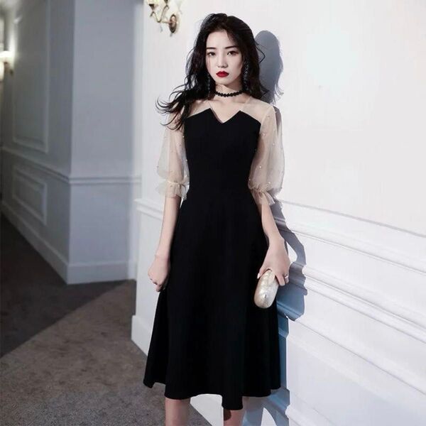 【新品】韓国 シースルーパーティードレス 謝恩会 二次会 結婚式 お呼ばれ 黒M