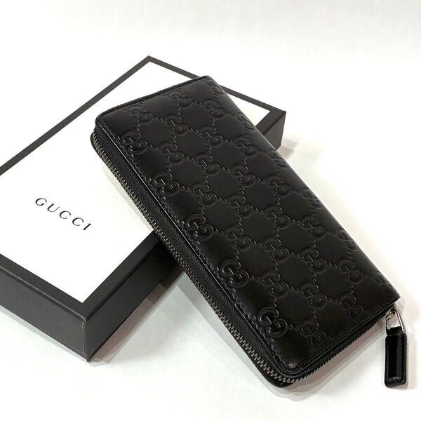 美品 GUCCI グッチ GGラウンドジップ 長財布 グッチシマ ラウンドファスナー ブラック メンズ ジッピーウォレット 黒