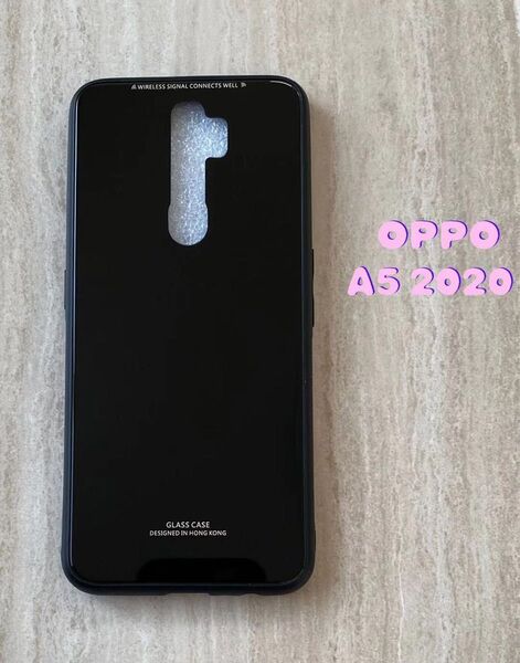 シンプル&可愛い♪耐衝撃背面9HガラスケースOPPO A5 2020 ブラック 黒