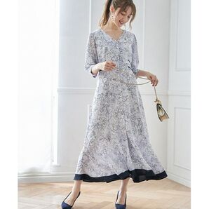 トッコクローゼット ウエストりぼん付きパール釦水彩ラインフラワープリントワンピース ブルー