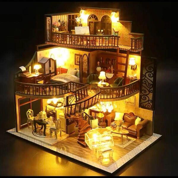 LED付き3階建て ミニチュア ドールハウス DIY 手作り