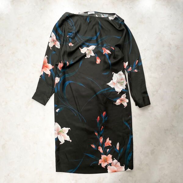ドリスヴァンノッテン DRIES VAN NOTEN 花柄ワンピース シルク100% 高級素材 百合 ユリ 36 S ブラック
