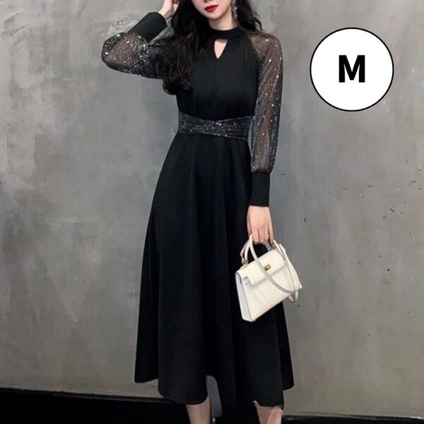 M パーティードレス ワンピース ラメシアー ブラック ロング丈 結婚式 夏