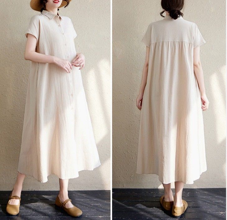 レディース半袖綿麻ロングワンピース ライトベージュ　秋重ね着シャツワンピース 前開き ゆったり体型カバー 