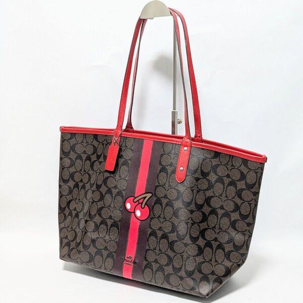 【美品】COACH チェリー柄 トートバッグ 赤×茶 F57278(ポーチなし)