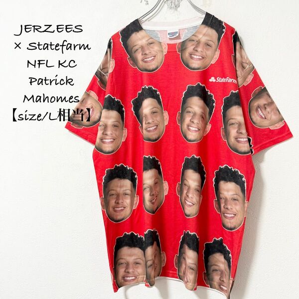 JERZEES/ジャージーズ★NFL KC/カンザスシティチーフス★パトリックマホームズ★総柄Tシャツ★赤★L相当